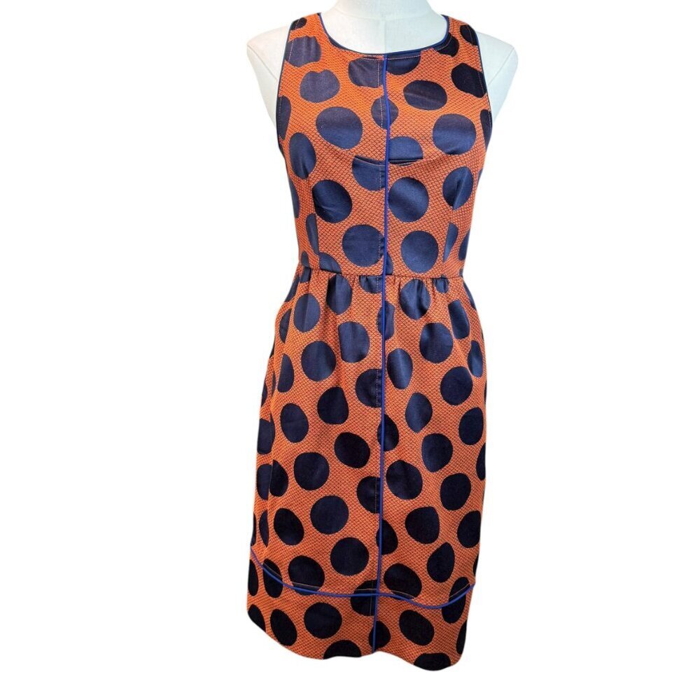 Anthropologie Maeve Polka Dot Dress Size 2 Orange Navy Open Back - Picture 1 of 10